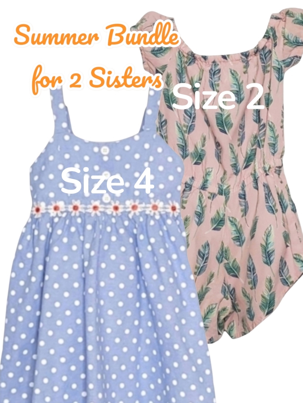 Sisters Summer Bundle Size 4 Blue Polka-dot Dress & Size 2 Pink Tropical Romper